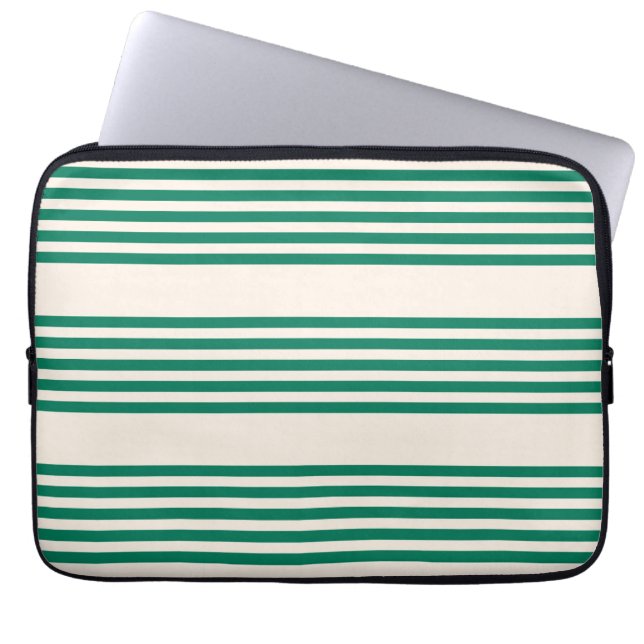 Forest green and beige five stripes pattern laptop sleeve (Front)