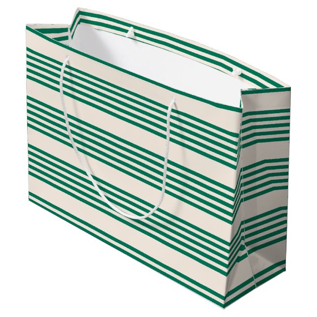 Forest green and beige five stripes pattern large gift bag (Back Angled)