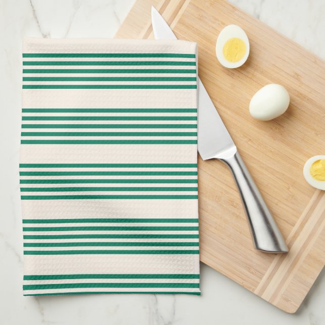 Forest green and beige five stripes pattern tea towel (Quarter Fold)
