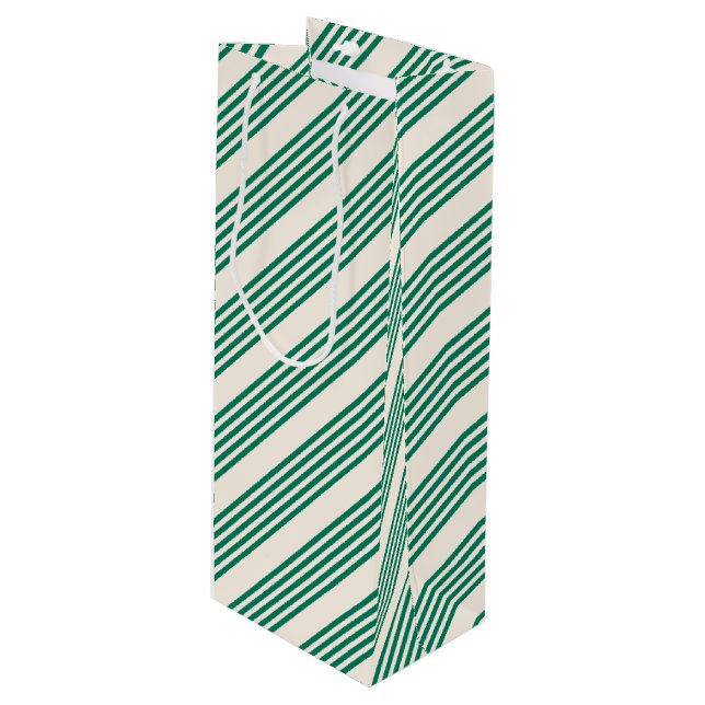 Forest green and beige five stripes pattern wine gift bag (Front Angled)