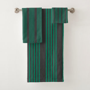 Forest green and charcoal fives stripe pattern bath towel set