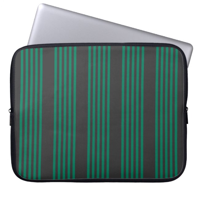 Forest green and charcoal fives stripe pattern laptop sleeve (Front)