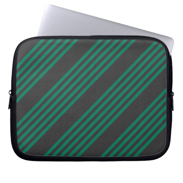 Forest green and charcoal fives stripe pattern laptop sleeve (Front)