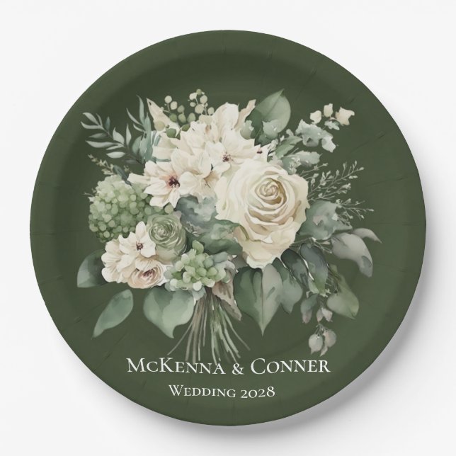 Forest Green and Cream Rose Wedding Paper Plate (Front)