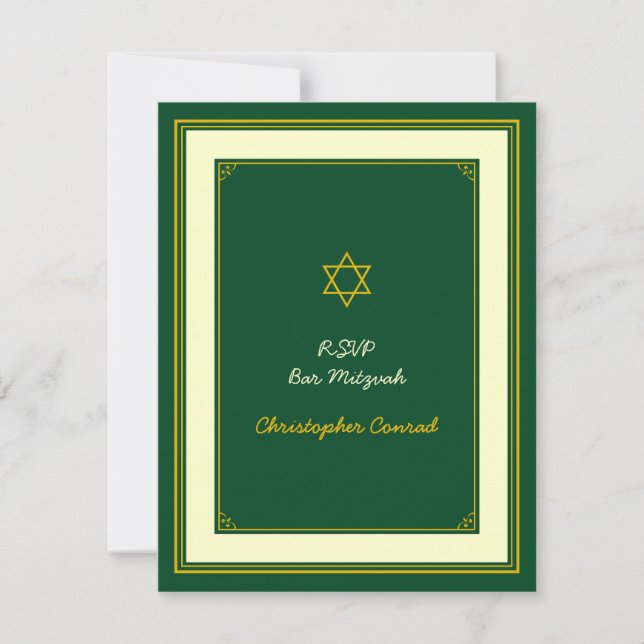 Forest Green and Gold Bar Mitzvah Response Card (Front)