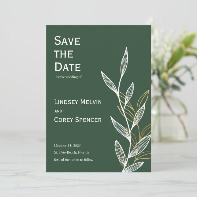 Forest Green and Gold Leaf Wedding Save the Date Invitation (Standing Front)