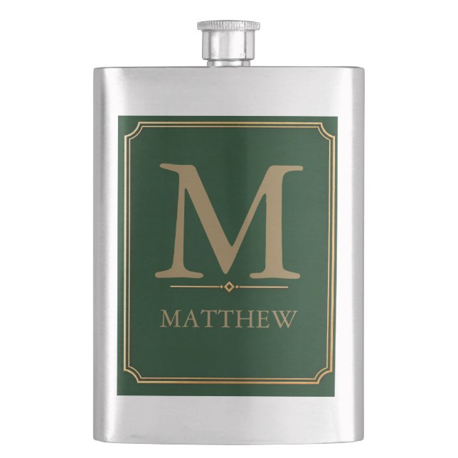 Forest Green and Gold Monogram Hip Flask (Front)