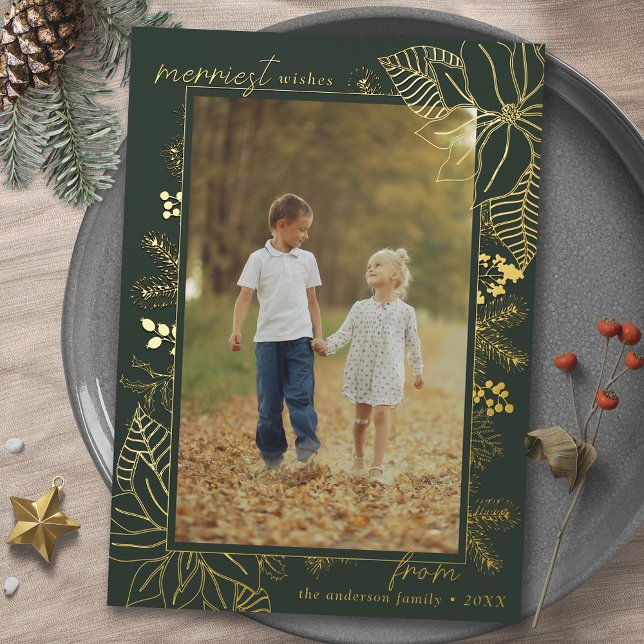Forest Green and Gold | Vertical Photo Christmas Foil Holiday Card (Creator Uploaded)