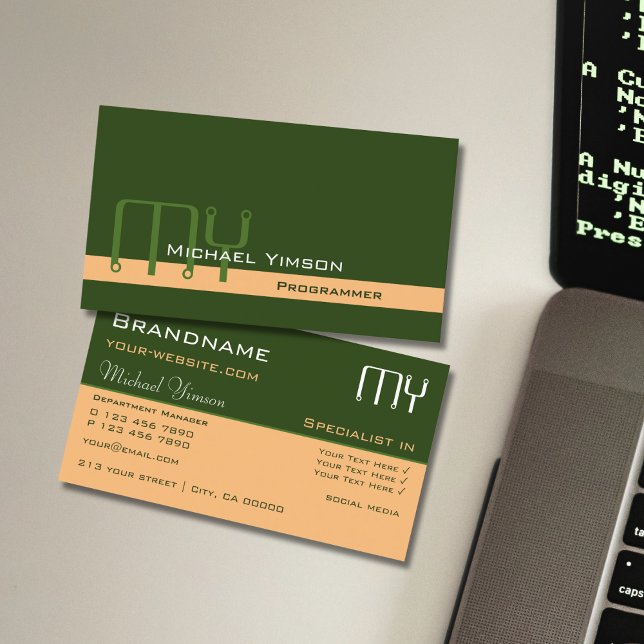 Forest Green and Peach with Initials Professional Business Card (Creator Uploaded)