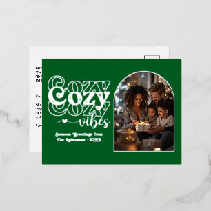 Forest Green and Silver Cosy Vibes Retro Christmas Foil Holiday Postcard