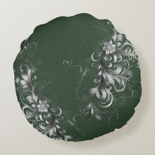 Forest Green, and Silver Round Throw Pillow
