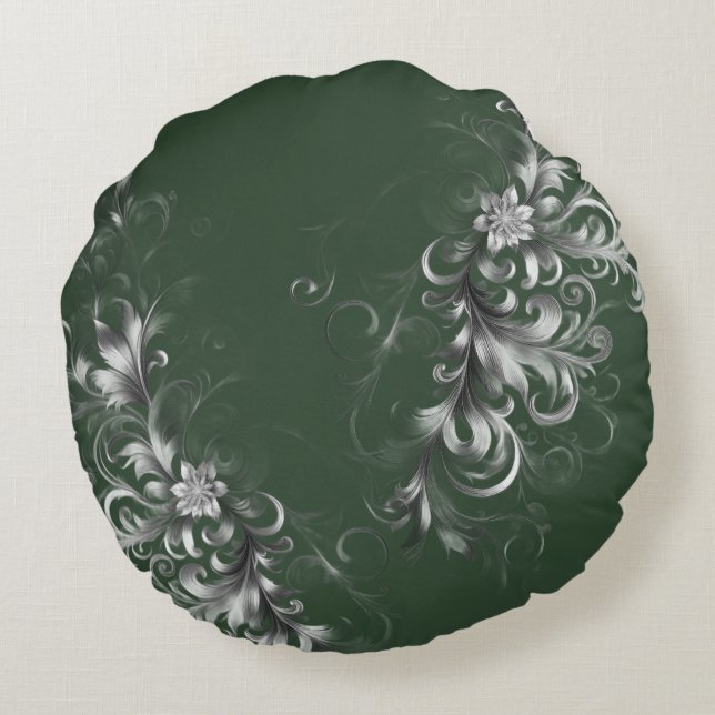 Forest Green, and Silver Round Throw Pillow (Back)