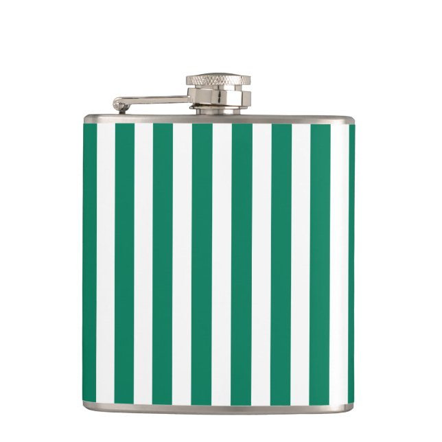 Forest green and white candy stripes hip flask (Front)