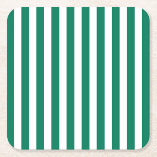 Forest green and white candy stripes square paper coaster
