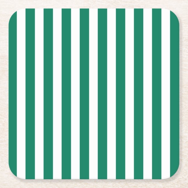 Forest green and white candy stripes square paper coaster (Front)