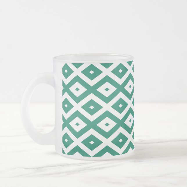 Forest green and white diamond pattern frosted glass coffee mug (Left)