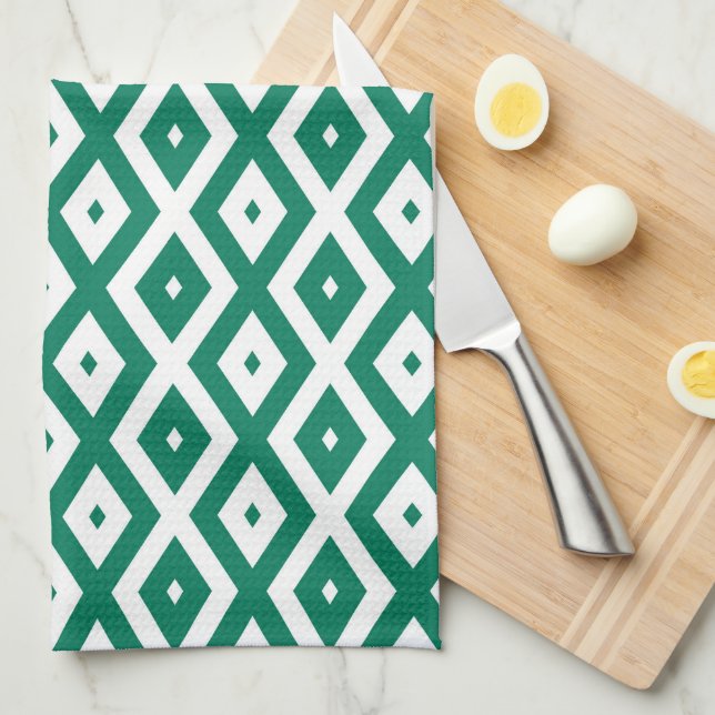 Forest green and white diamond pattern tea towel (Quarter Fold)