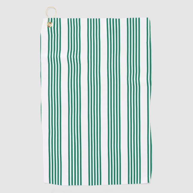 Forest green and white five stripe pattern golf towel (Front)