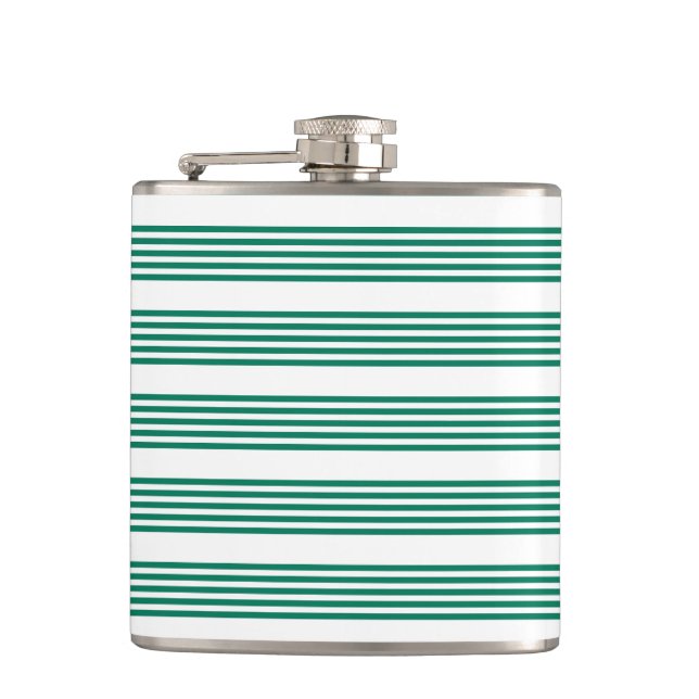 Forest green and white five stripe pattern hip flask (Front)
