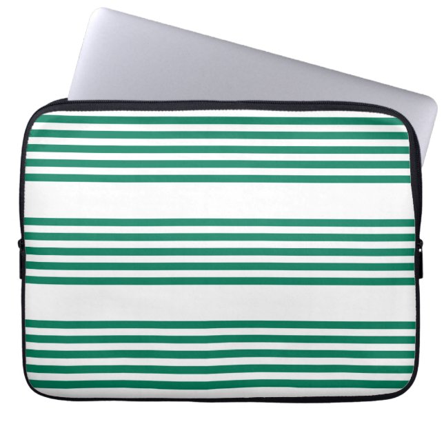 Forest green and white five stripe pattern laptop sleeve (Front)
