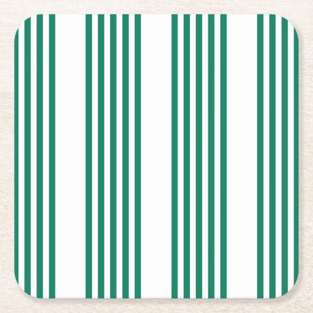 Forest green and white five stripe pattern square paper coaster (Front)