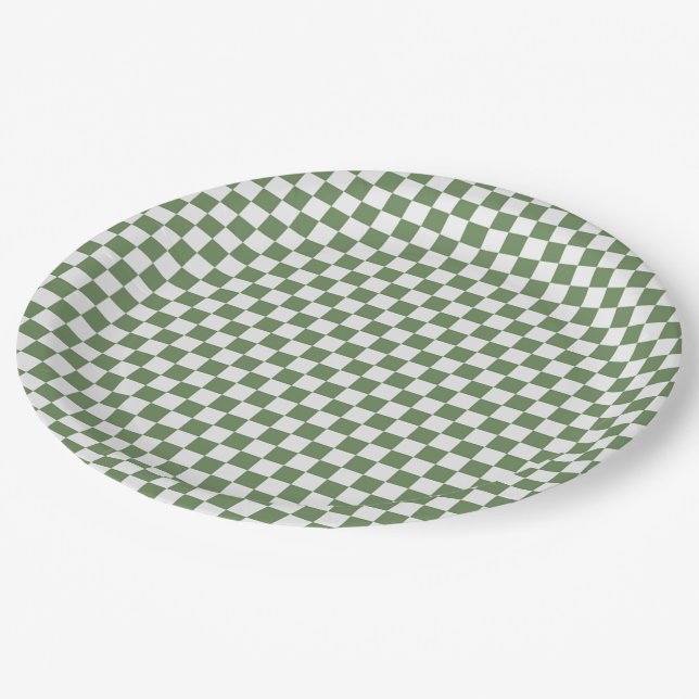 Forest Green And White Gingham Chequered Paper Plate (Angled)