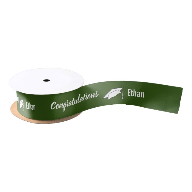 Forest Green and White Graduation Congratulations Satin Ribbon (Spool)