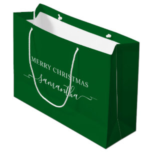 Forest Green and White Merry Christmas Ribbon Name Large Gift Bag
