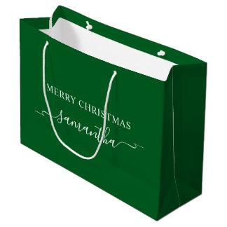 Forest Green and White Merry Christmas Ribbon Name Large Gift Bag
