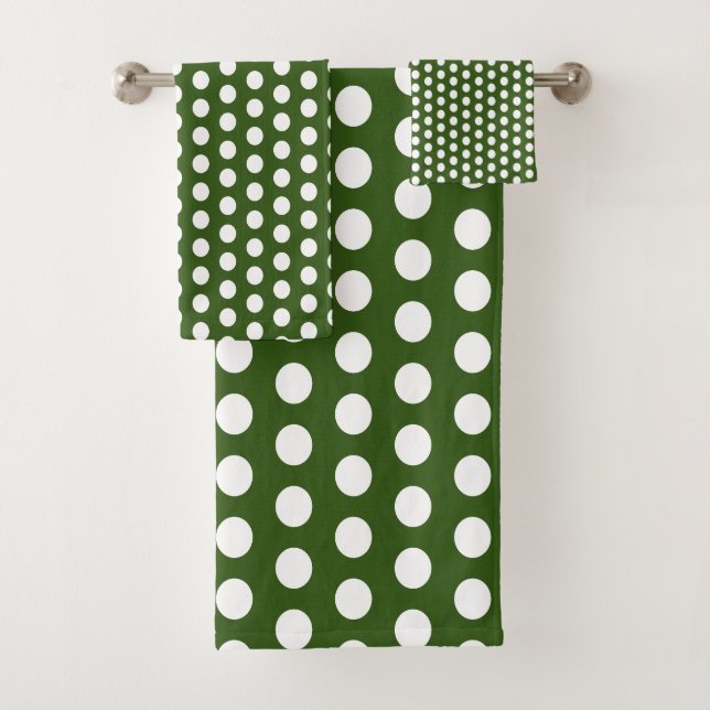 Forest Green and white Modern Bubbles Dots Bath Towel Set (Insitu)
