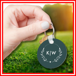 Forest Green and White Modern Initials Monogram Key Ring