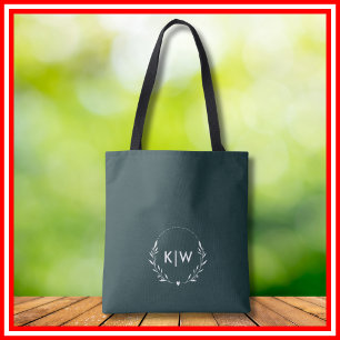 Forest Green and White   Modern Initials Monogram  Tote Bag
