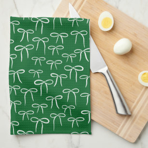 Forest Green and White Simple Bow Doodle Pattern Tea Towel