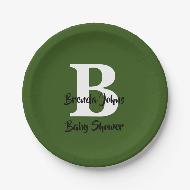 Forest Green Baby Shower Monogram Jungle Theme Paper Plate (Front)