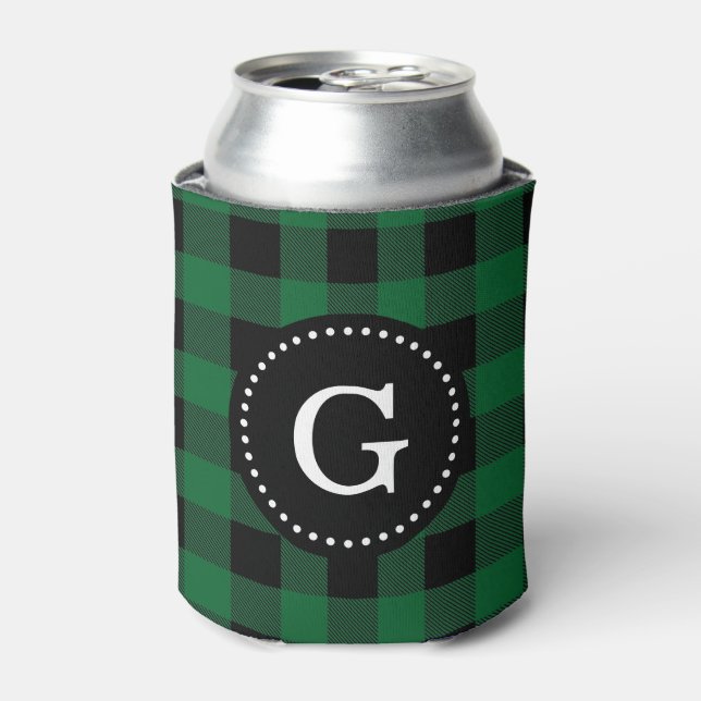 Forest Green Black Buffalo Check Plaid 1I Monogram Can Cooler (Can Front)