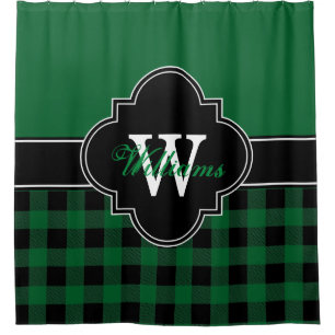 Forest Green Black Buffalo Plaid 1ICBR Monogram Shower Curtain