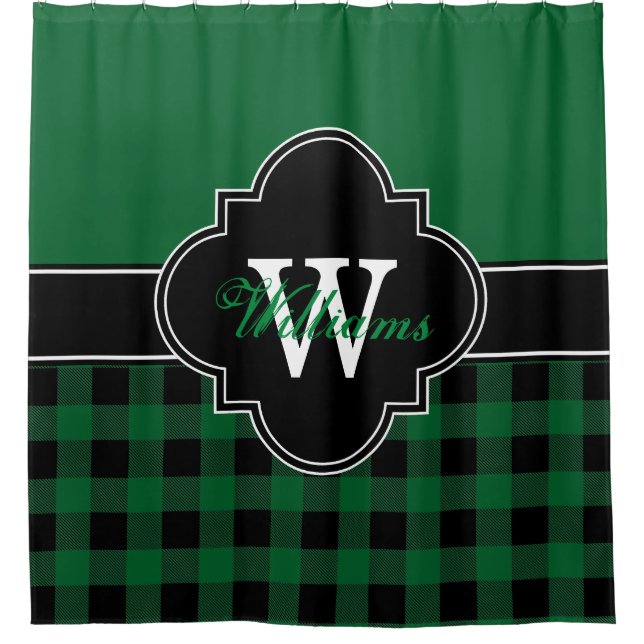Forest Green Black Buffalo Plaid 1ICBR Monogram Shower Curtain (Front)