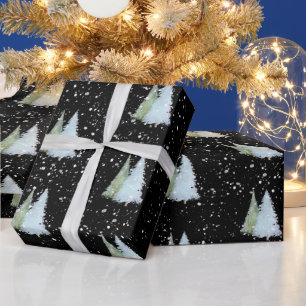 Forest Green Black Christmas Tree And Snowflake Wrapping Paper