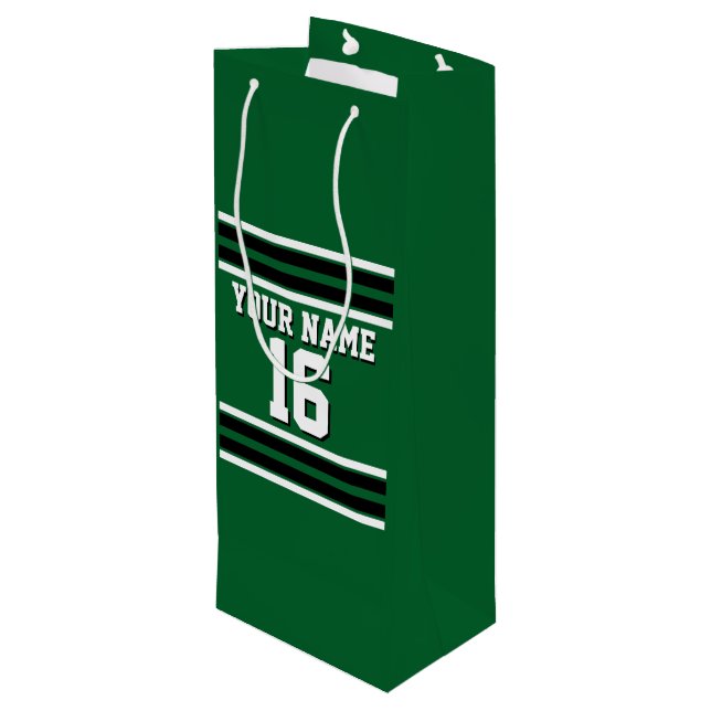 Forest Green Black Team Jersey Custom Number Name Wine Gift Bag (Back Angled)