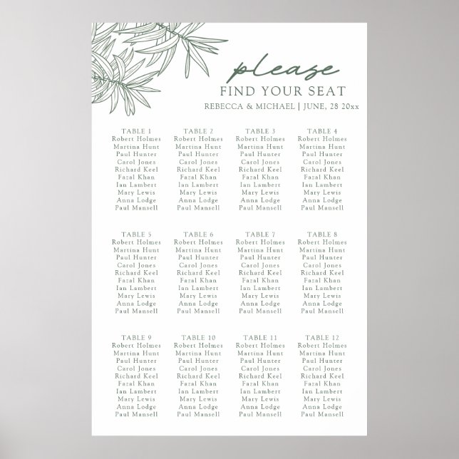 Forest Green Botanical Seating Chart Poster (Front)