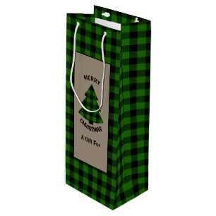 Forest Green Buffalo Plaid Christmas Tree Wine Gift Bag