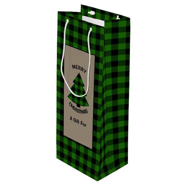 Forest Green Buffalo Plaid Christmas Tree Wine Gift Bag (Front Angled)