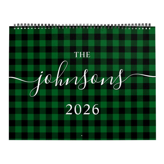 Forest Green Buffalo Plaid Script Name Photo Calendar (Cover)