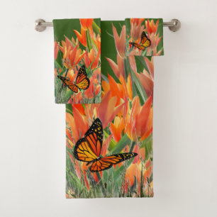 Forest Green Butterflies & Tulips Bath Towel Set