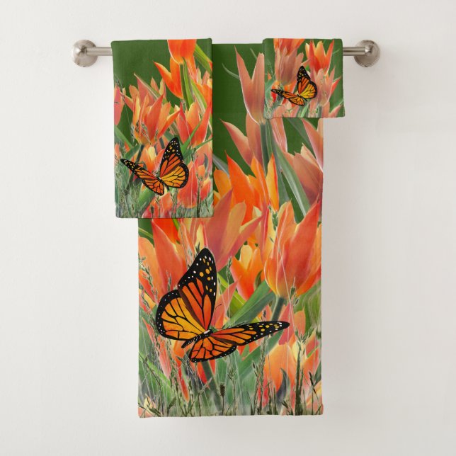 Forest Green Butterflies & Tulips Bath Towel Set (Insitu)