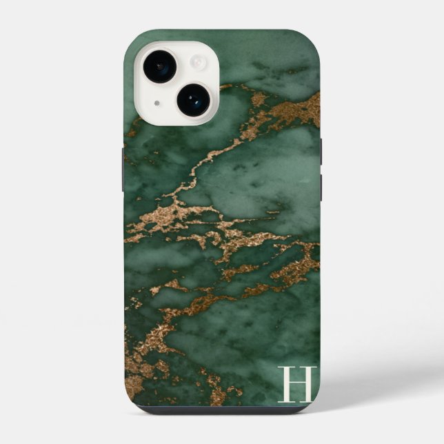 Forest Green & Copper Marble Monogram iPhone Case (Back)