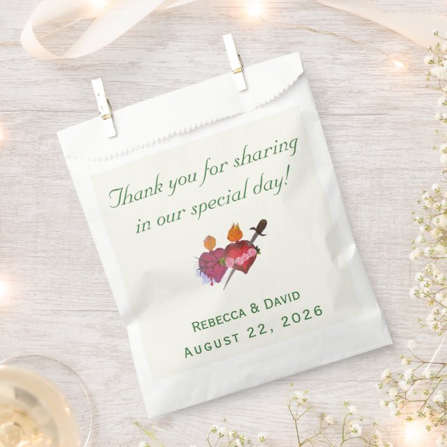 Forest-Green & Cream Two Hearts Catholic Wedding Favour Bags (Clipped)