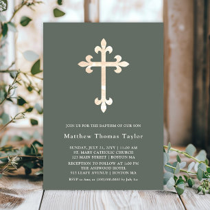 Forest Green Cross Baptism Invitation