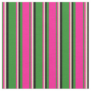 Forest Green, Deep Pink, Tan & Black Stripes Fabric