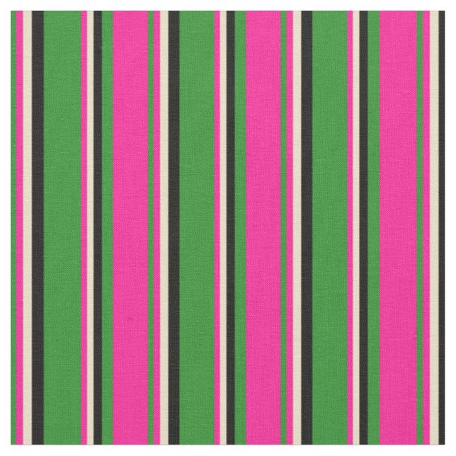 Forest Green, Deep Pink, Tan & Black Stripes Fabric (Close Up)